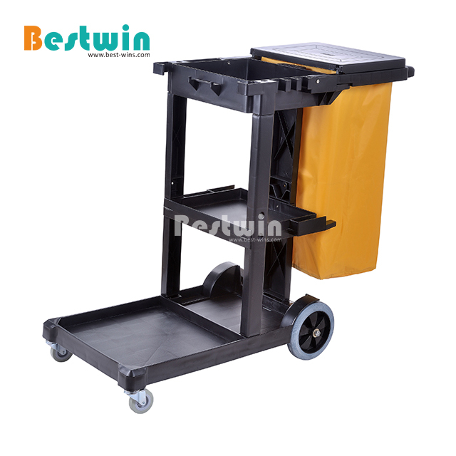 Hotel Equipment Plastic Serving Vehices Black Cleaning Trolley Janitor Cart with Cover